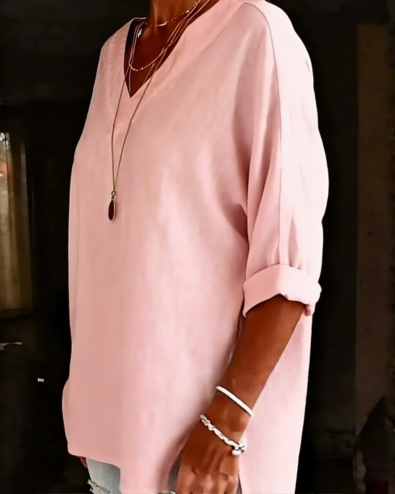 100% Cotton V-Neck Three-Quarter Sleeve Slit Top