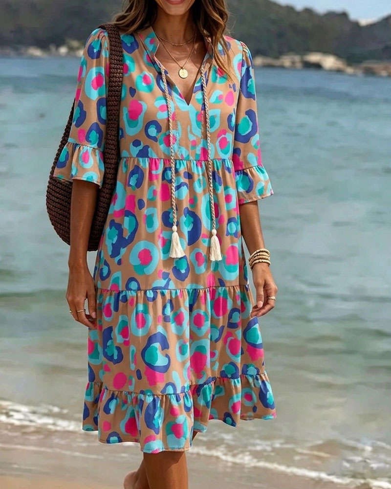 Colorful Print Fringe V-Neck Resort Dress