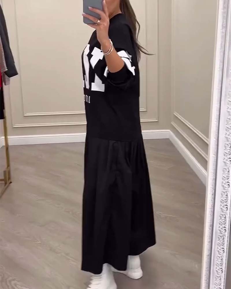 Lettering Casual Sweatshirt Pleated Patchwork Dress