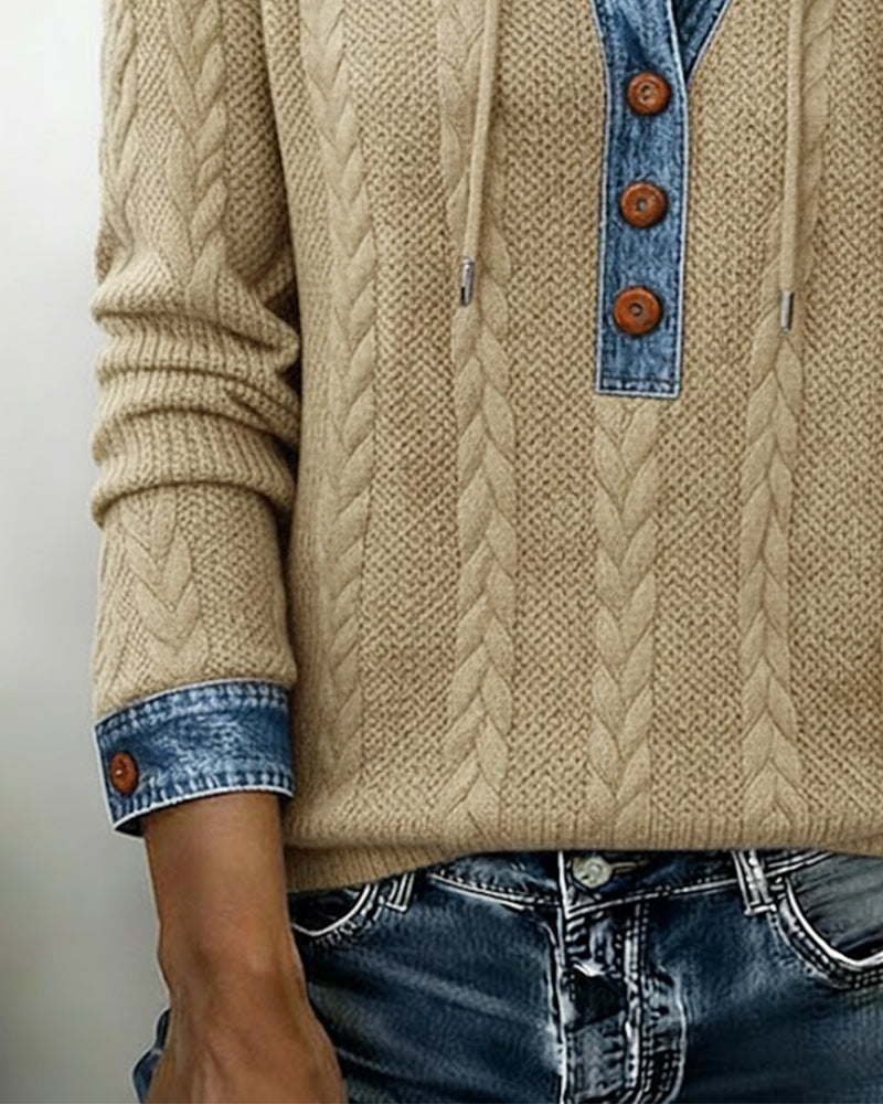 Color-Blocked Button Long-Sleeved Hooded