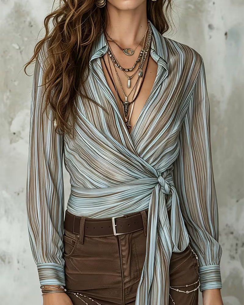 Lapel Stripe Twist Knot Blouse