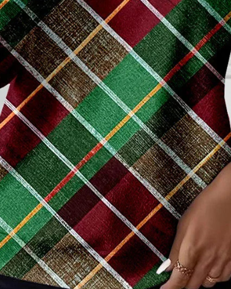 Half-Zip Plaid Long-Sleeved Sweatshirt