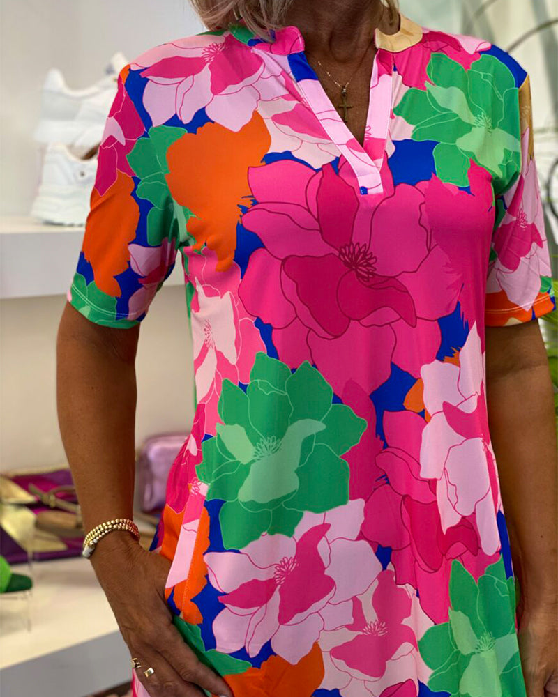 V-Neck Short Sleeve Floral Dress