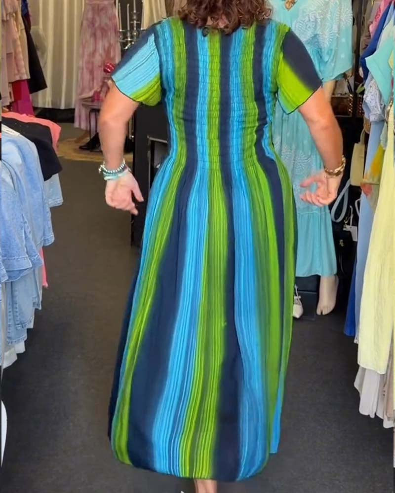 Vertical Stripe V-Neck Colorful Dress