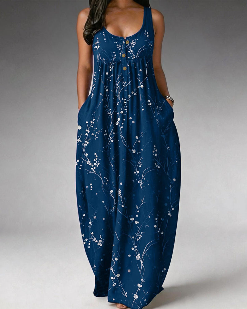 Sleeveless Button Knit Print Dress