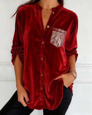 Sequined Pocket Velvet Blouses