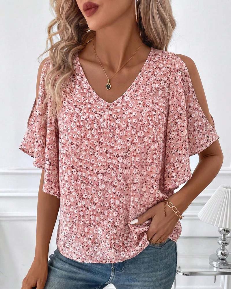 V-Neck Floral Off-Shoulder Flutter Sleeve Blouse