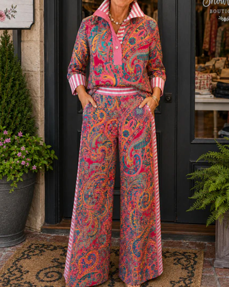 Lapel Stripe Print Shirt + Wide Leg Pants Set