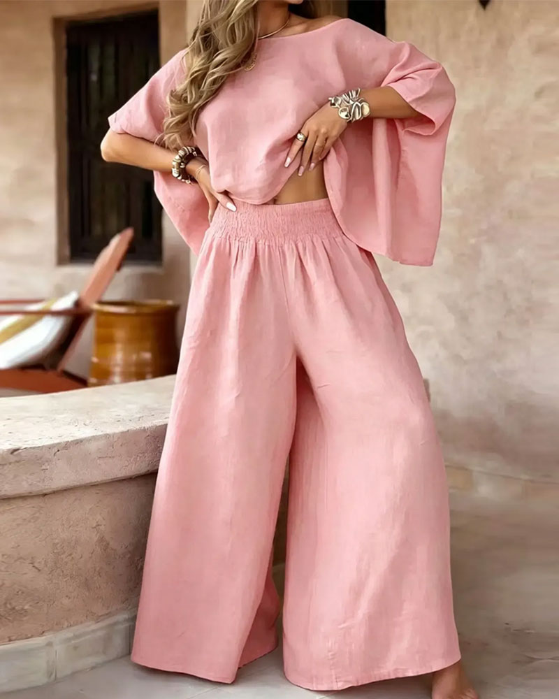 Solid Color Bat Sleeve Top Wide Leg Pants Set
