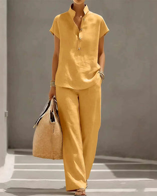 Stand-Collar Button Short-Sleeve And Long Pants Set