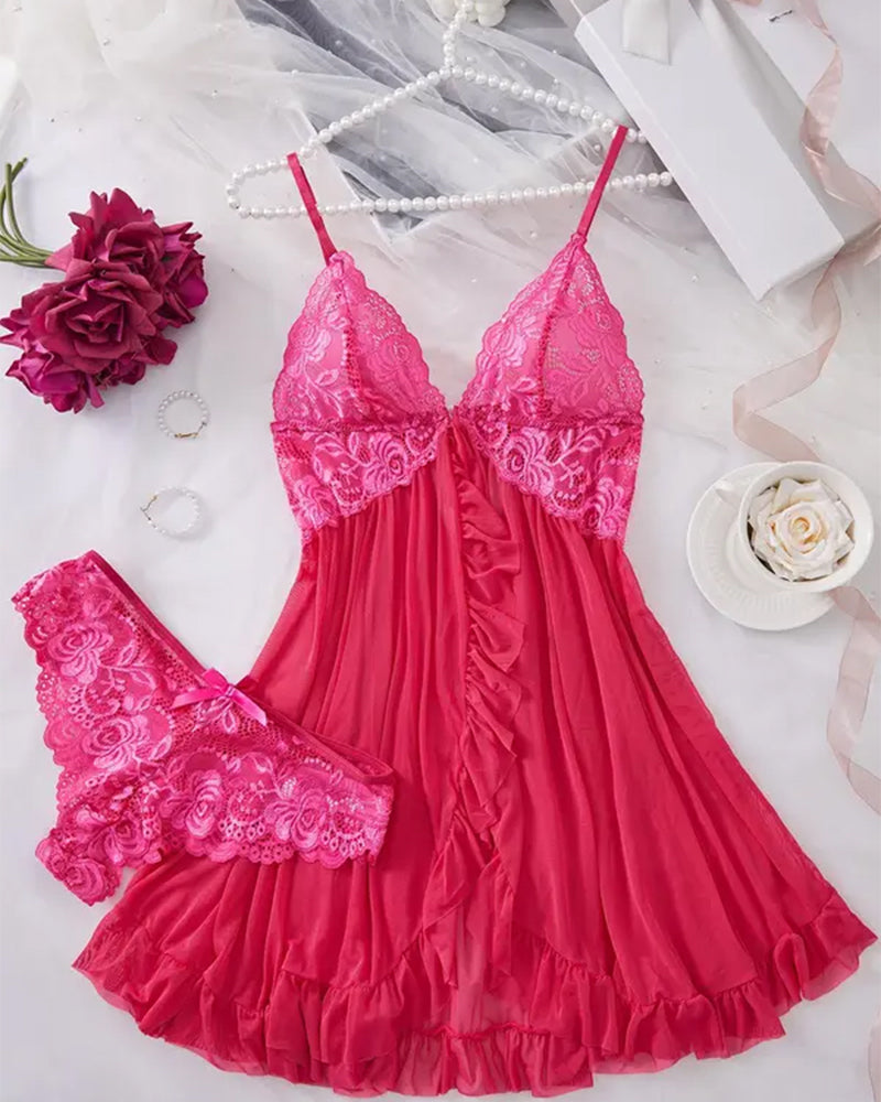 Ladies' Sexy Ruffle Trim Lace Cami Nightdress & Bow Decor Panty Set