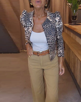 Leopard print puff sleeve casual jacket