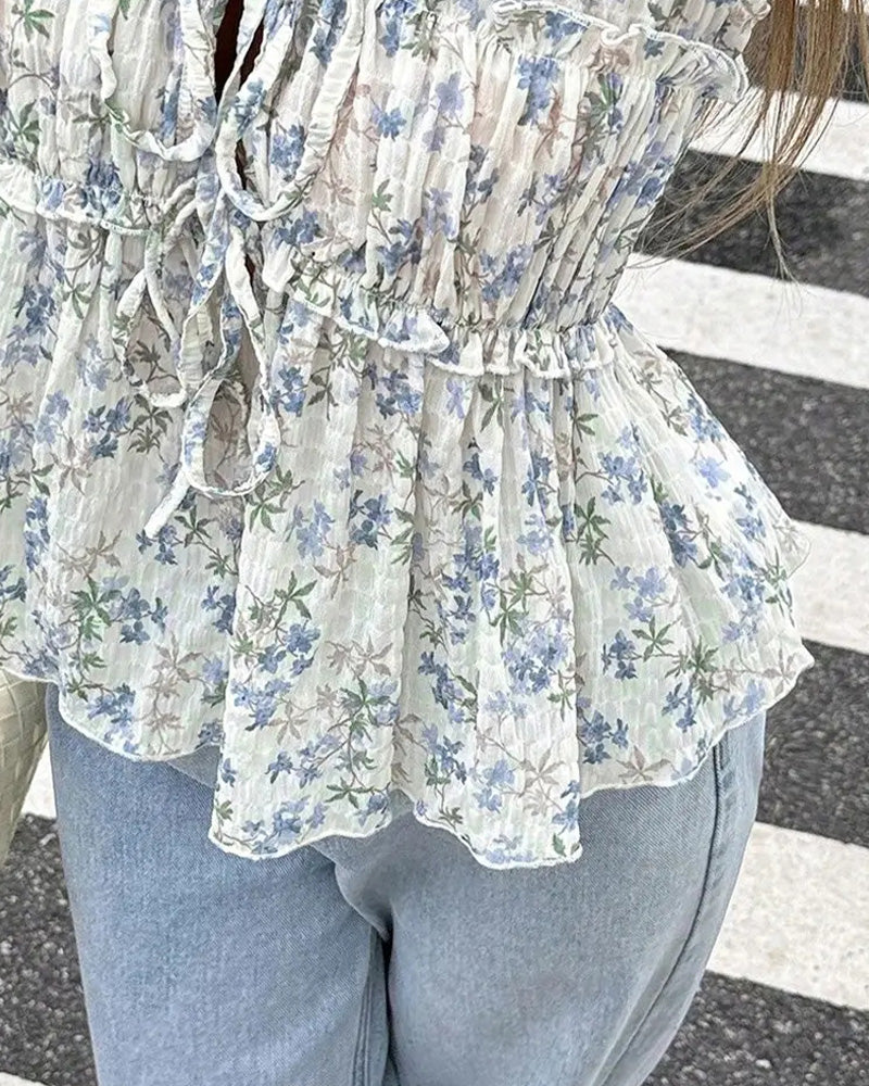 Floral Flutter Sleeve V-Neck Tie Blouse