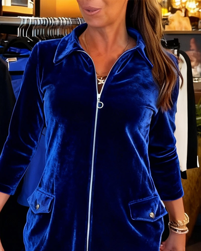 Elegant Shift Zipper Lapels Dress