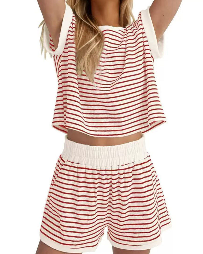 Striped Short-Sleeved Elastic Waist Sets