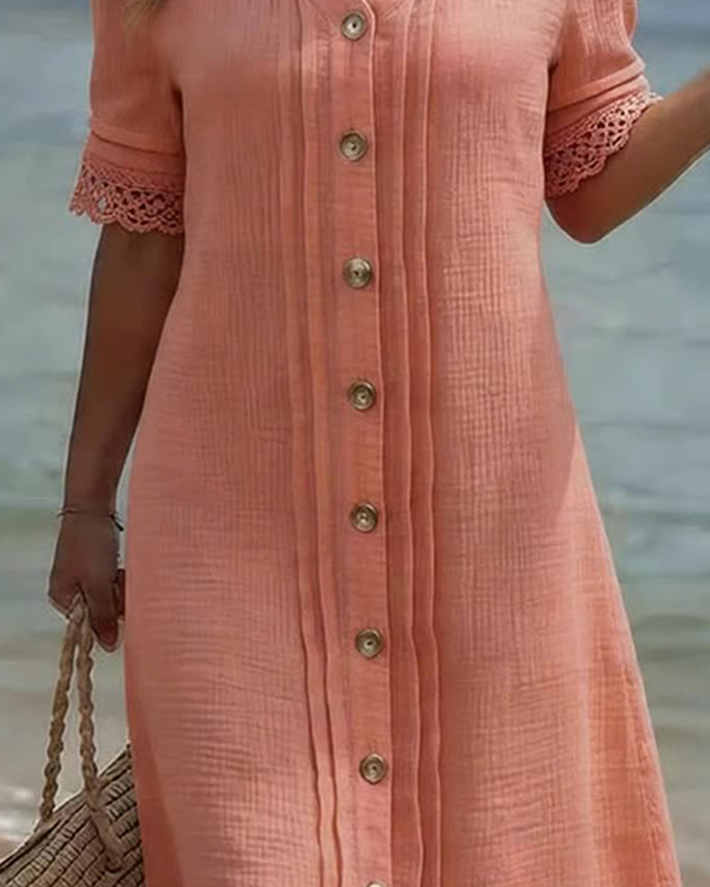 Pleated V-Neck Button Lace Patchwork Dress
