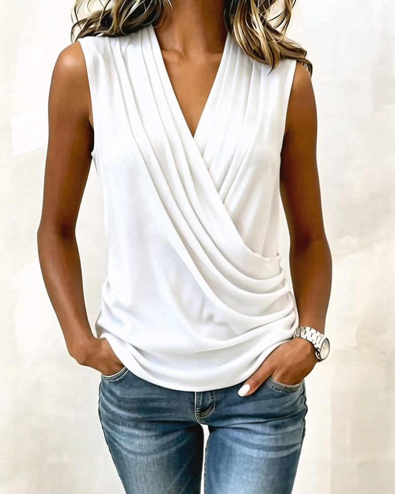 Cross-Pleated Sleeveless Solid Color Tank Top