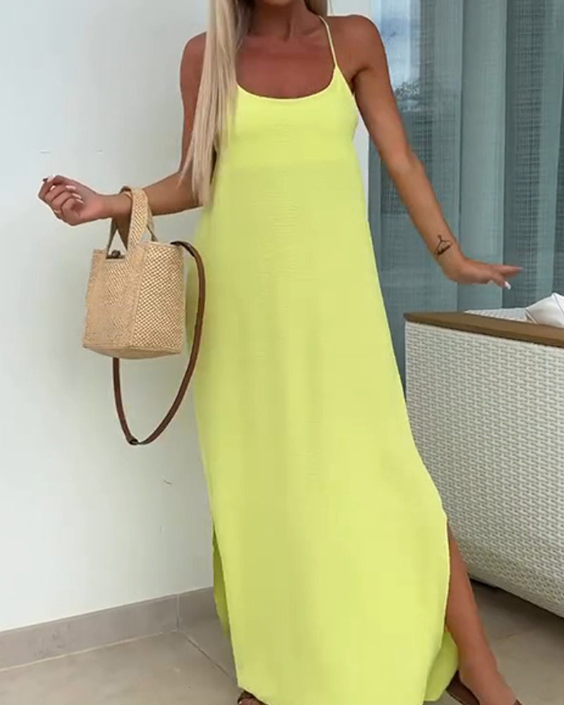 Round Neck Solid Color Suspender Dress
