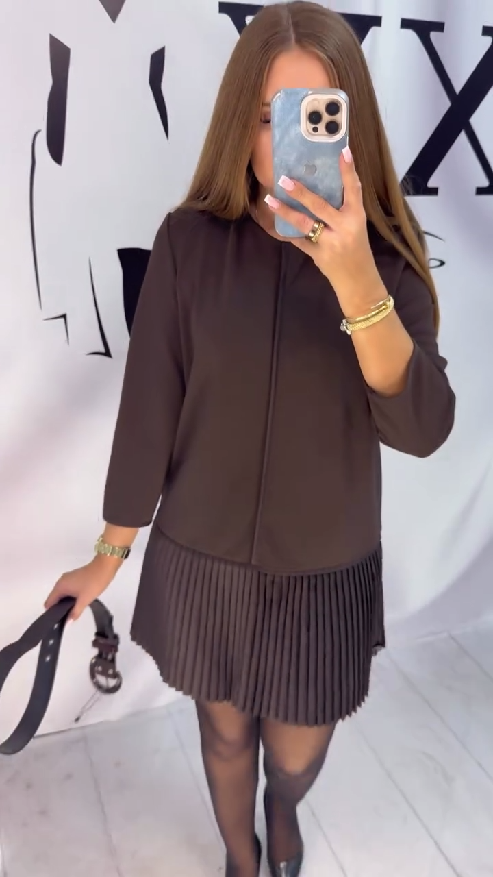 Three-Quarter Sleeve Accordion Pleated Dress