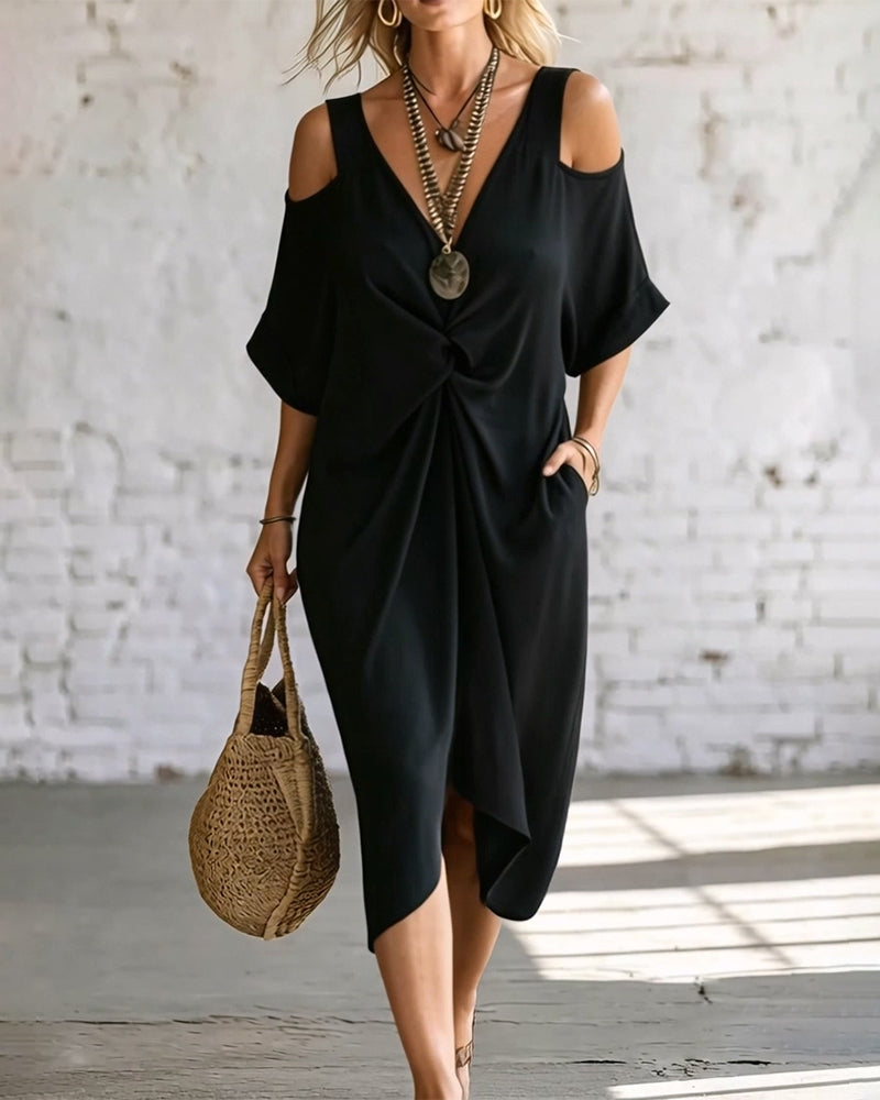 Solid Color Cold Shoulder Shirred Dress