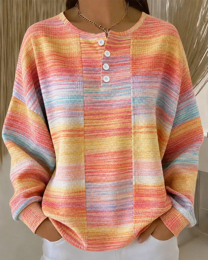 Crew Neck Button Ombre Sweatshirt