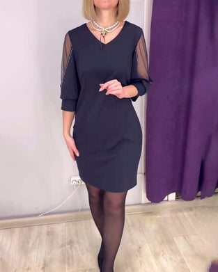 Half-sleeved V-neck Rhinestone Stitching Dress