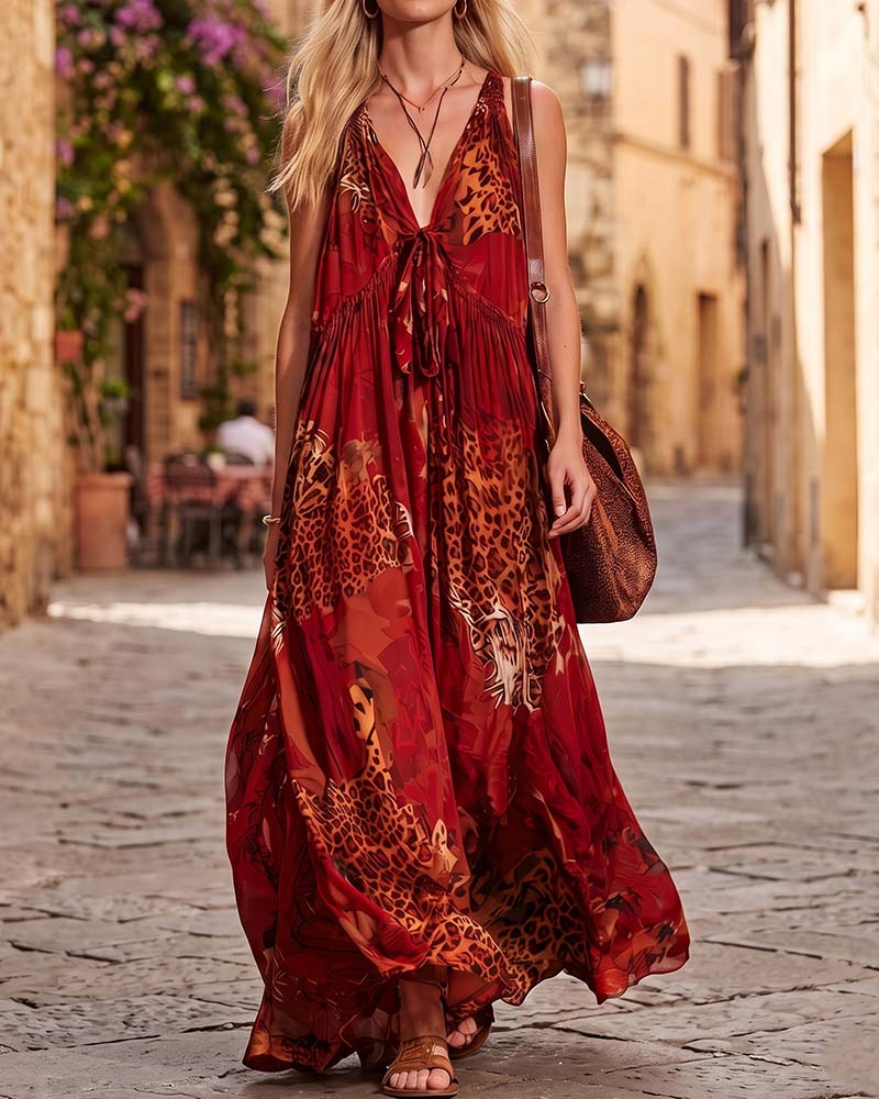 V-Neck Leopard Bohemian Spaghetti Strap Maxi Dress