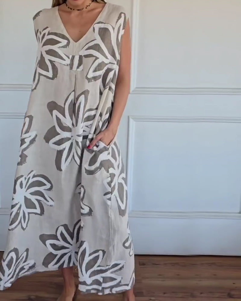 V-neck Abstract Floral Sleeveless Dress