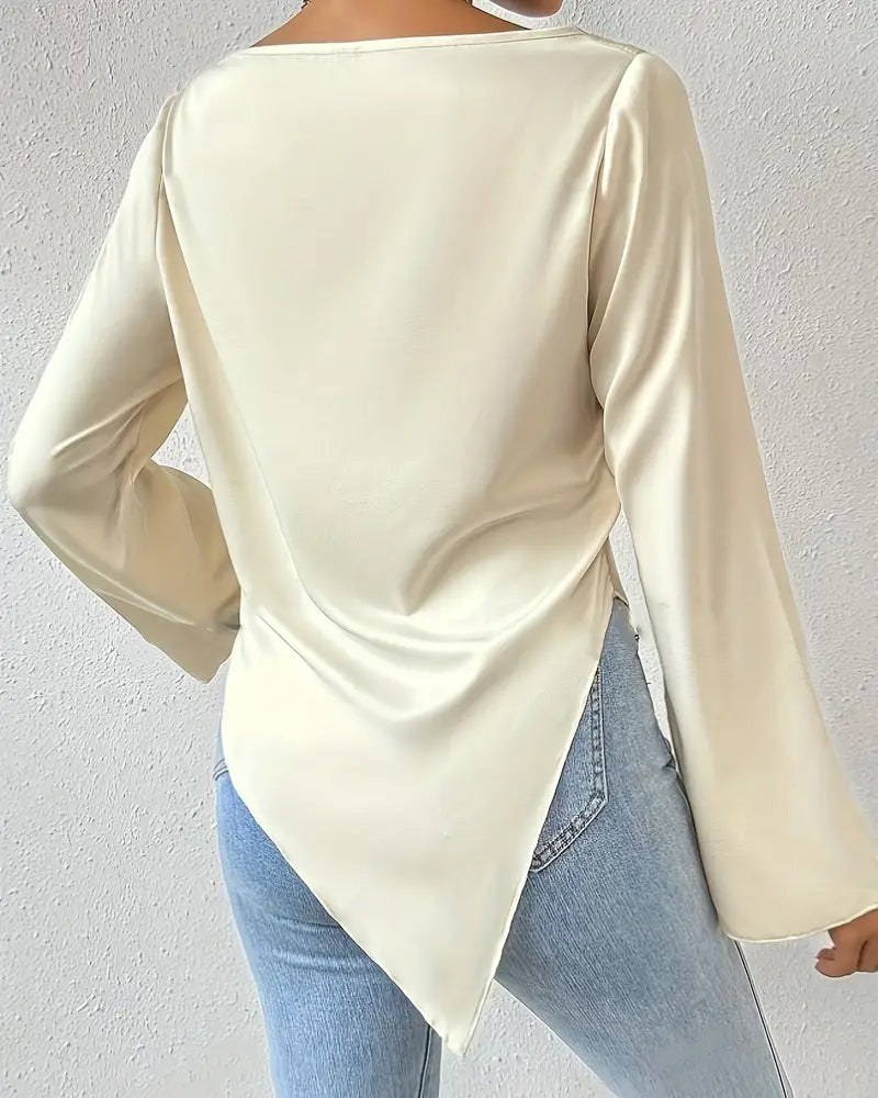 Casual solid color pleated irregular long sleeve blouse