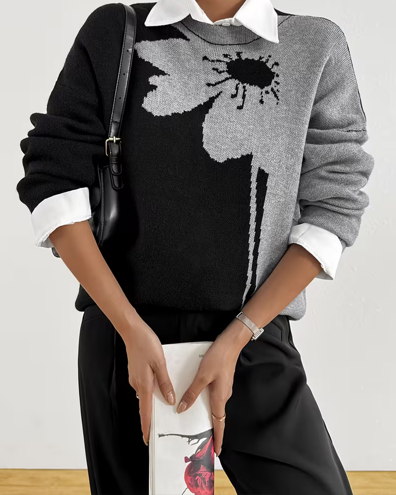 Color-Block Large Floral Jacquard Crewneck Pullover