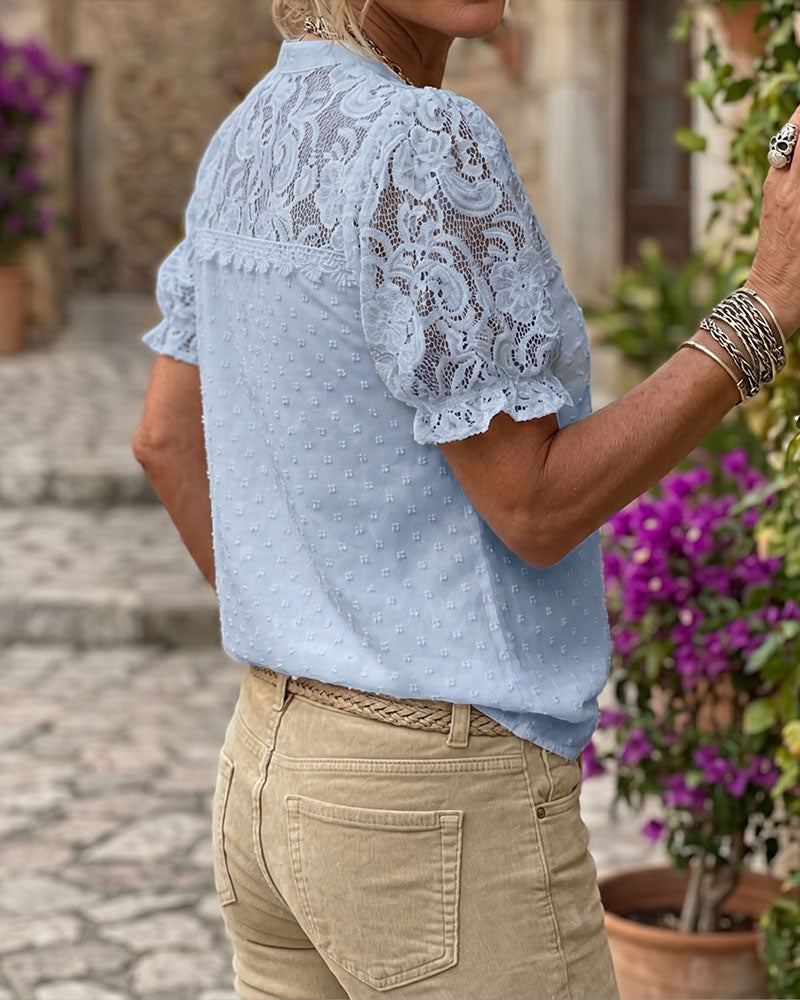 Lace Patchwork Puff Sleeve V-Neck Blouse