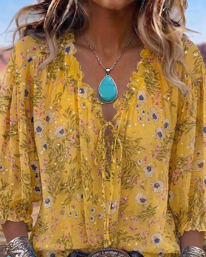 Casual Floral Tie Blouse