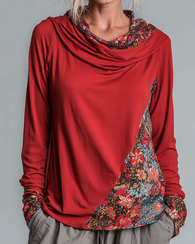 Slouchy Drape Neck Patchwork Long Sleeve Top