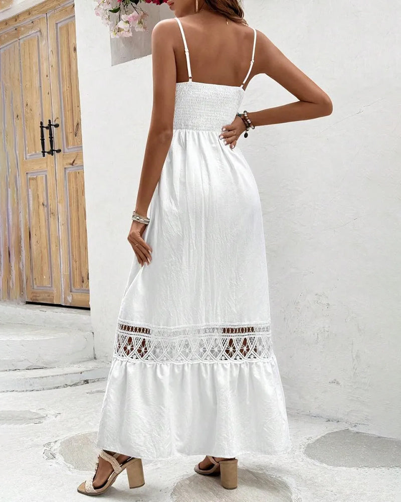 Spaghetti Strap Button Cutout V-Neck Dress