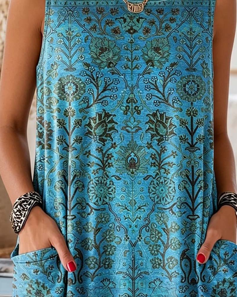Crew Neck Print Side Pocket Tank Top