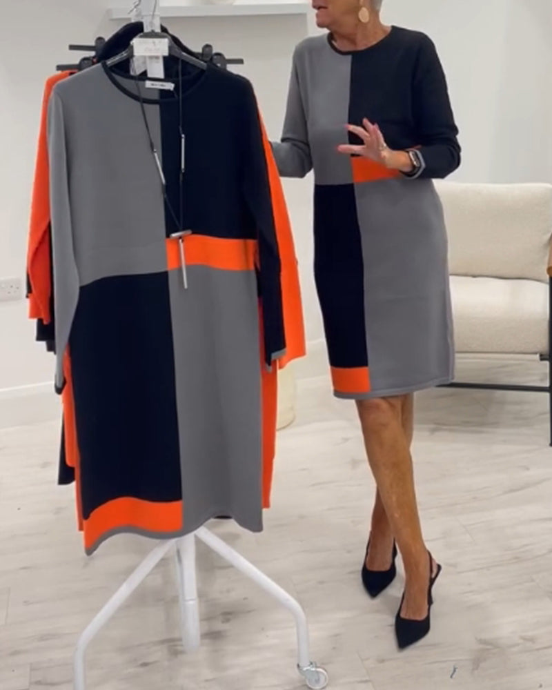 Round neck four-square color matching elegant dress