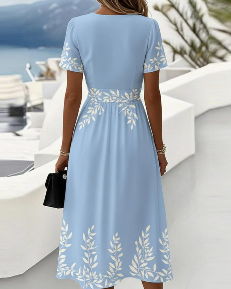 V-Neck Print Waist-Cinching A-Line Dress