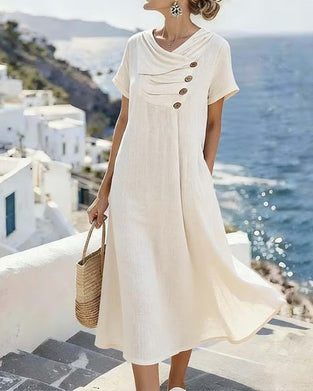 Wide-Hem Solid-Color Button-Down Dress