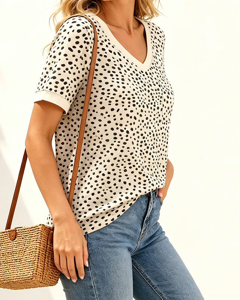 V-Neck Polka Dot Pocket T-Shirt