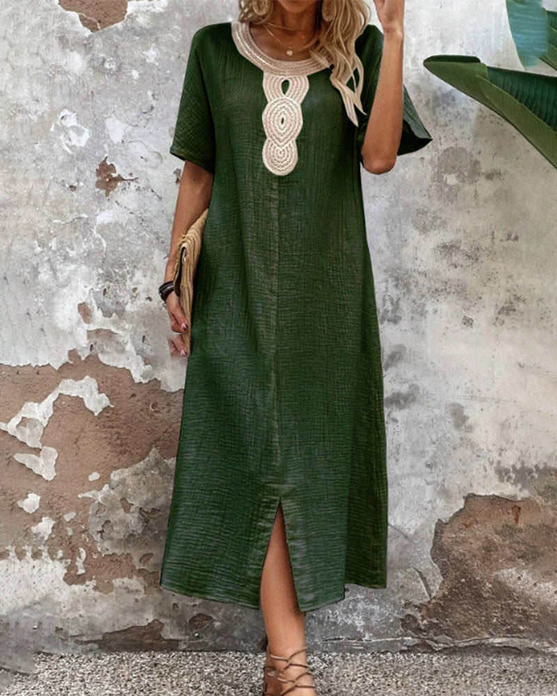Solid color round neck slit dress