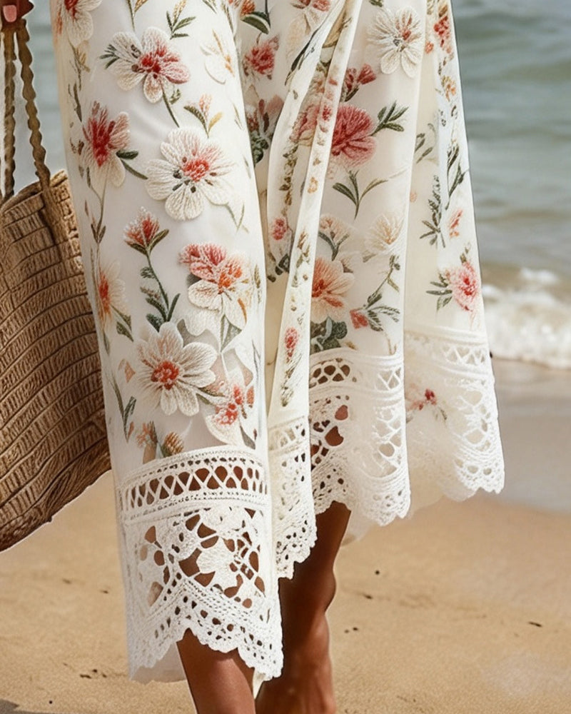 Hollow Out Patchwork V-Neck Floral Dress