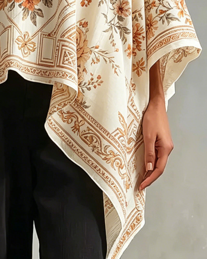 V-Neck Floral Irregular Blouse