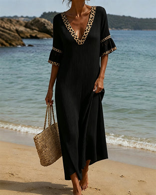 V-Neck Ruffle Leopard Patchwork Dress