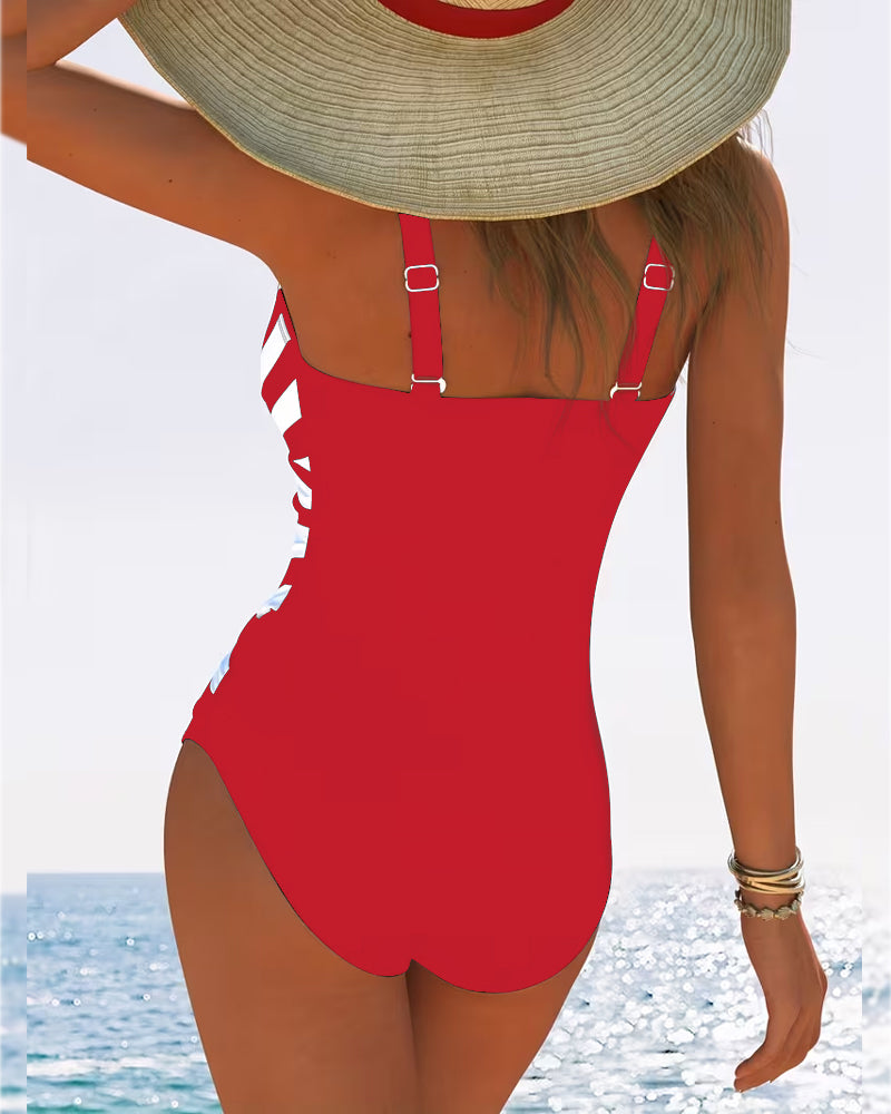 Casual Striped V-Neck One-Piece Swimsuit