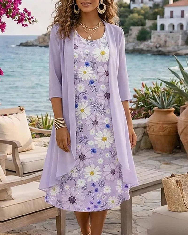 Floral Sleeveless Dress Cardigan Two-Piece Sets