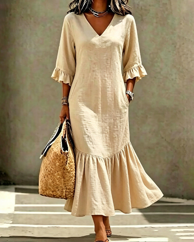 V-Neck Pocket Ruffle Fitted Dress