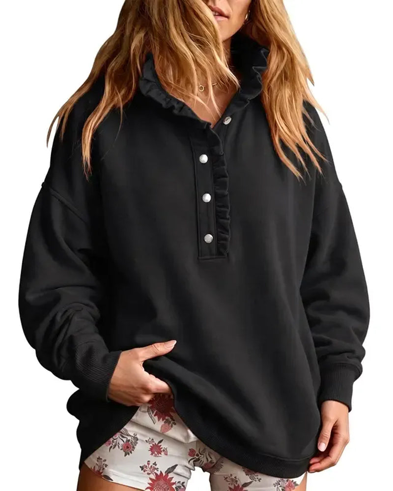 Ruffled Buttoned Long-Sleeved Loose Sweatshirt