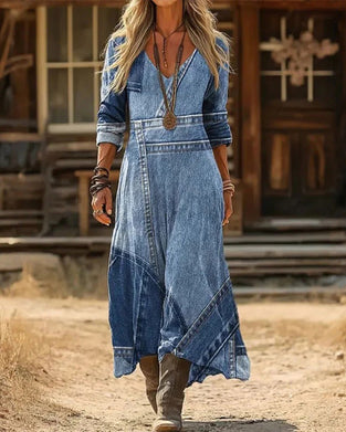 Retro V-Neck Long-Sleeved Printed Dress