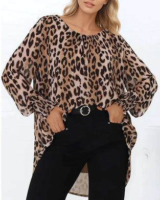 Round Neck Leopard Irregular Lantern Sleeve Blouse