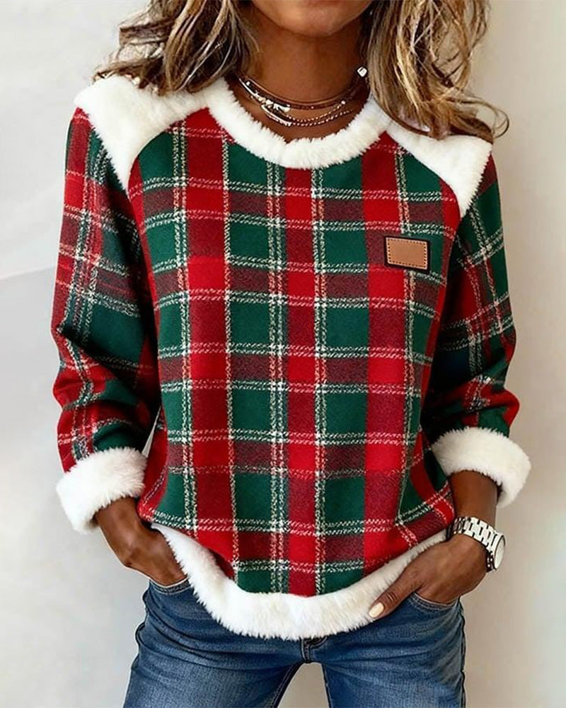 Plush Crew Neck Patchwork Plaid Sweatshirt